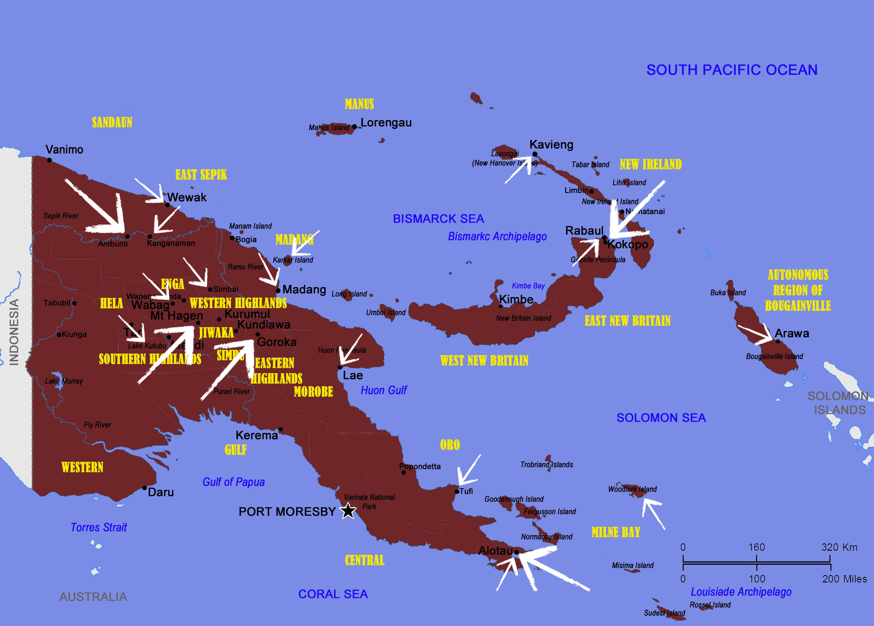Map of the main cultural festivals in Papua New Guinea
