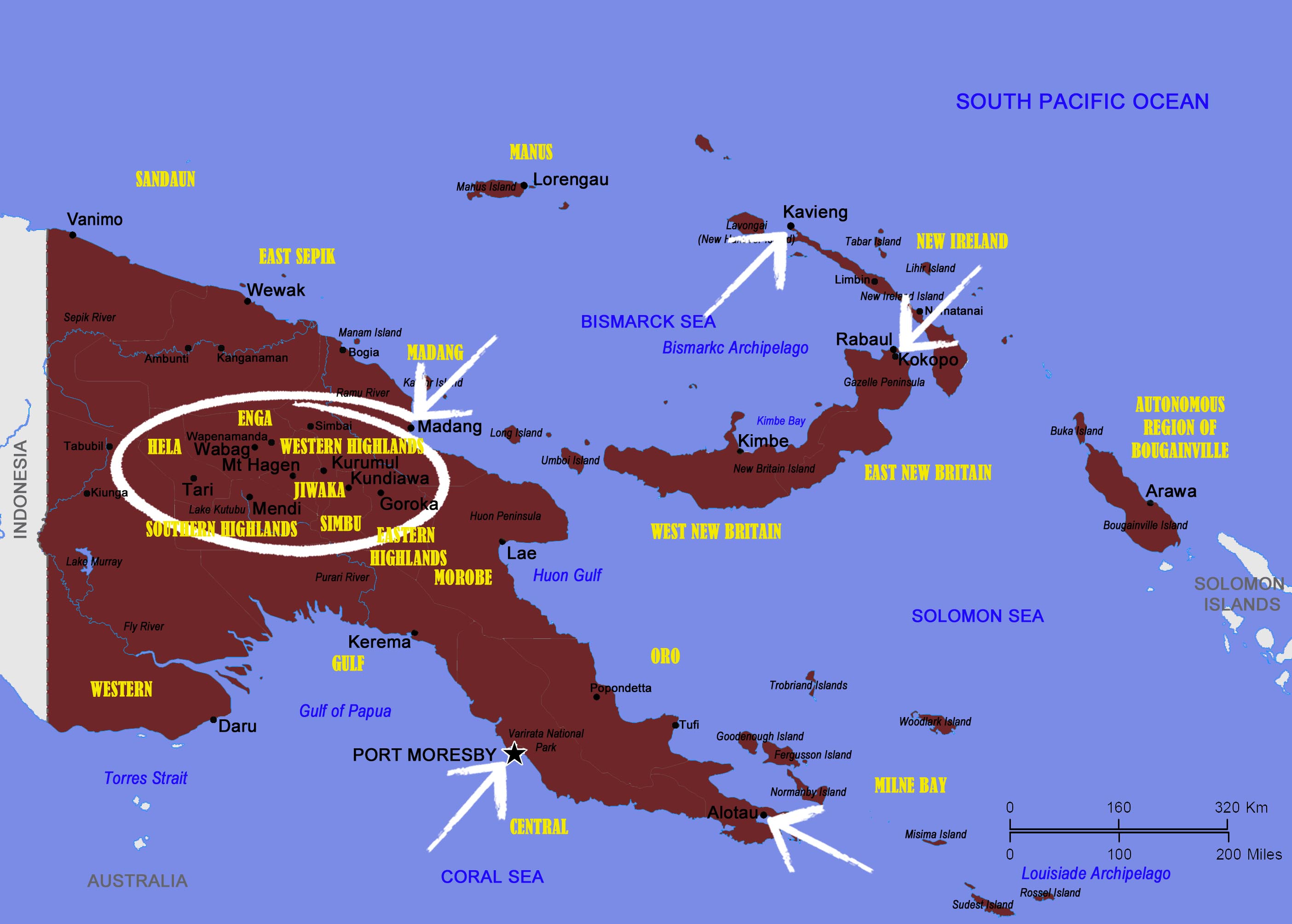 Map of the top culinary destinations in Papua New Guinea