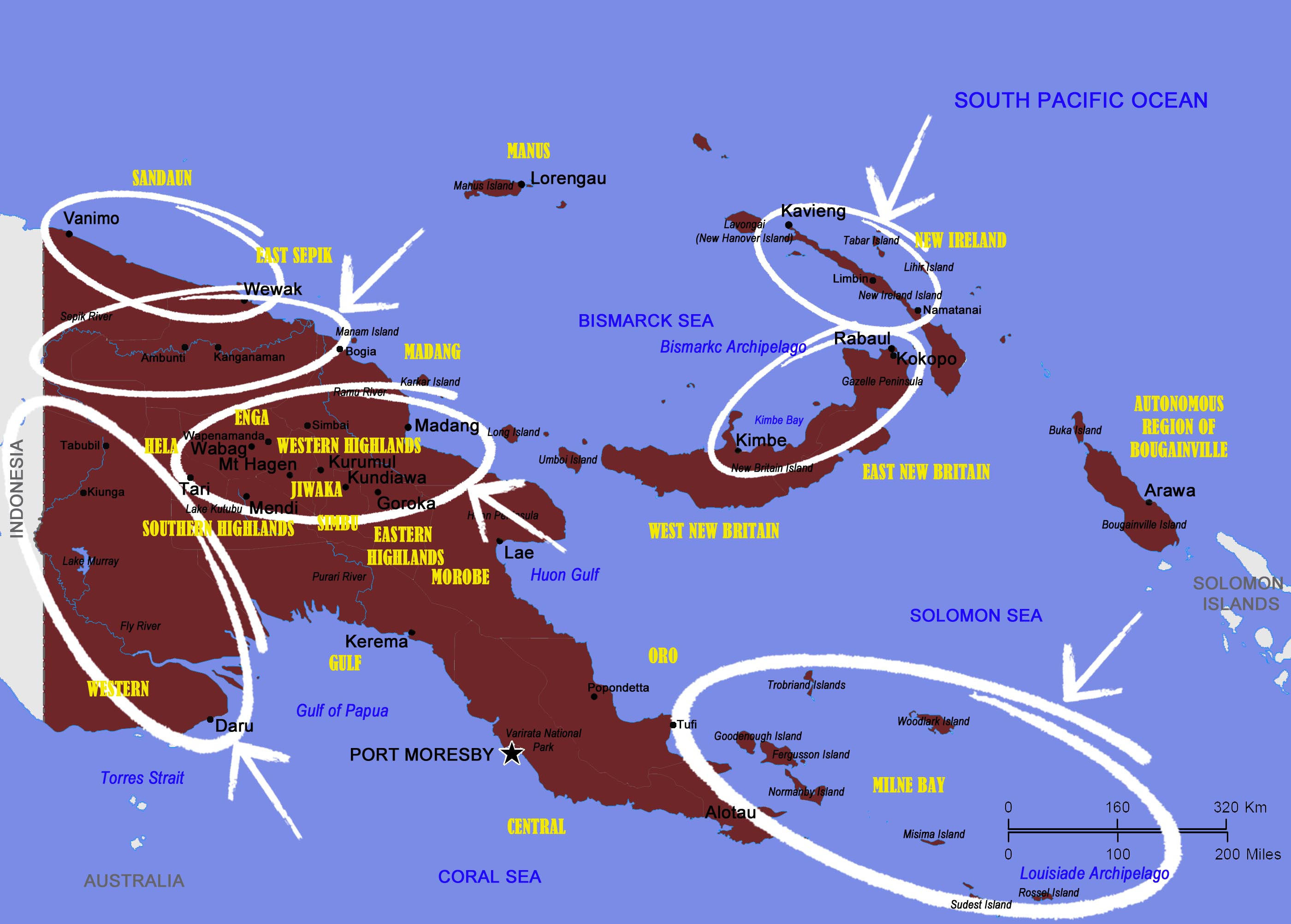 Map of the main 'epic journeys' destinations in Papua New Guinea.