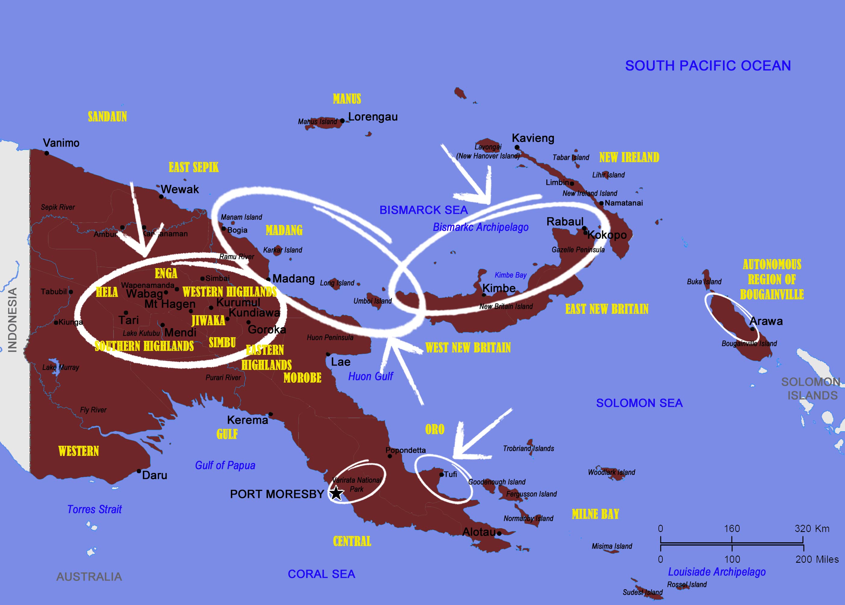 Map of dramatic landscapes in Papua New Guinea